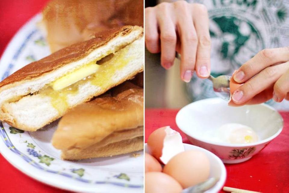 The quintessential 'kopitiam' breakfast of 'roti bakar' and half-boiled eggs.