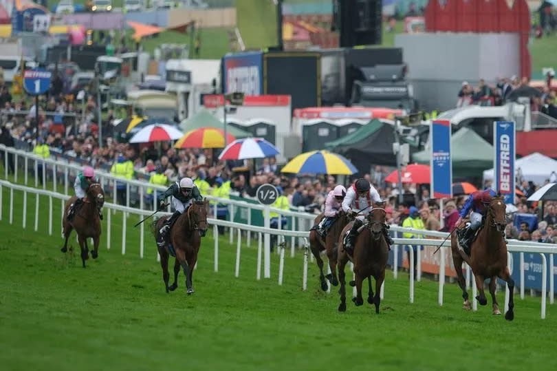 Ryan Moore and Luxembourg (front, right) beat Hamish (white, second right) in the Holland Cooper Coronation Cup on day one of the Betfred Derby Festival at Epsom Downs Racecourse on Friday, May 31 2024