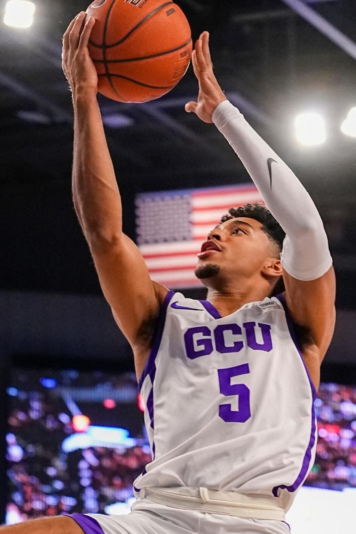 Antelopes Guard Jalen Blackmon (5) goes for a layup during the first half against Western New Mexico University at Grand Canyon University Arena on Saturday, Oct. 30, 2021, in Phoenix. 