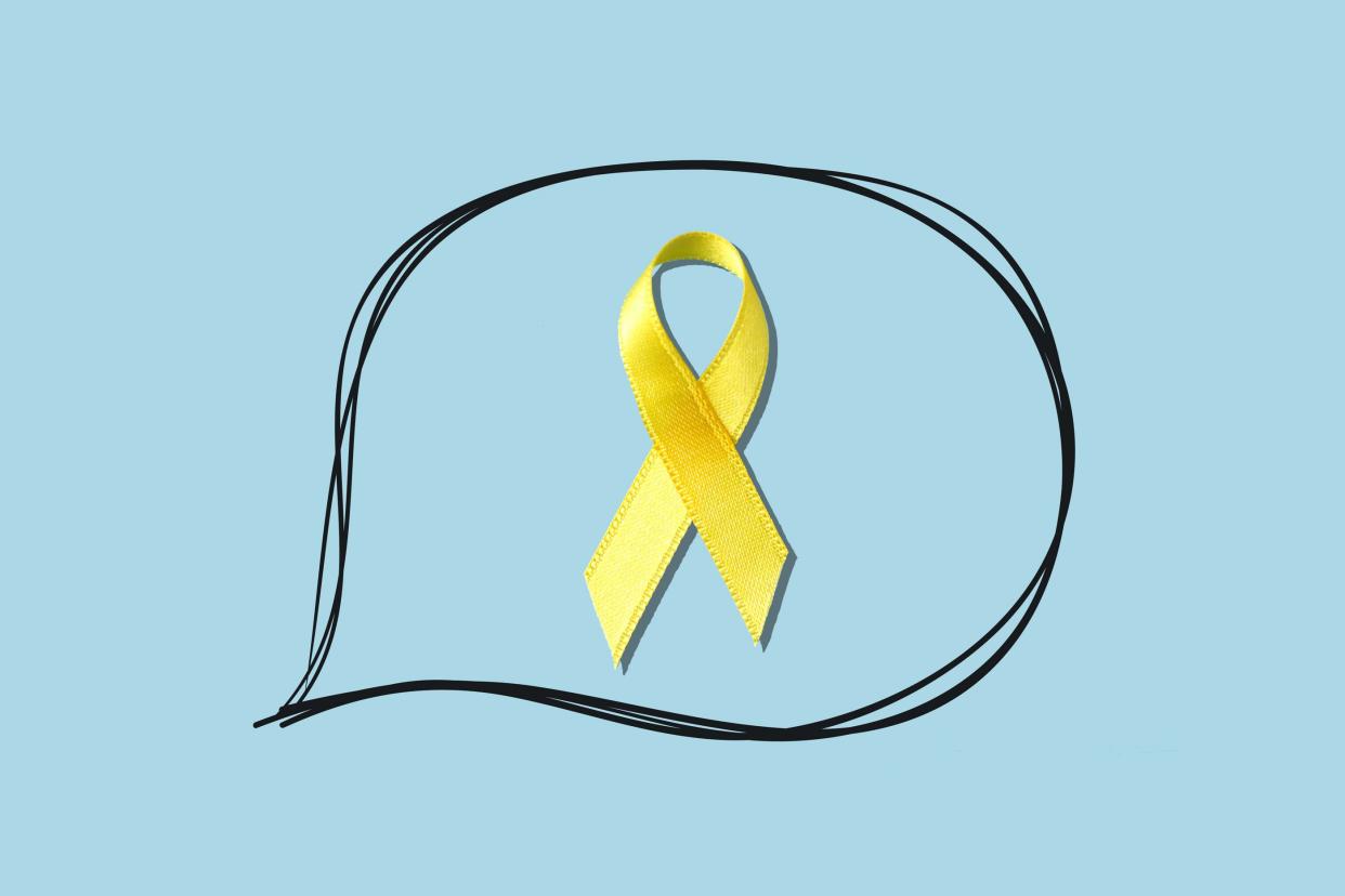 yellow suicide awareness ribbon inside of a speech bubble
