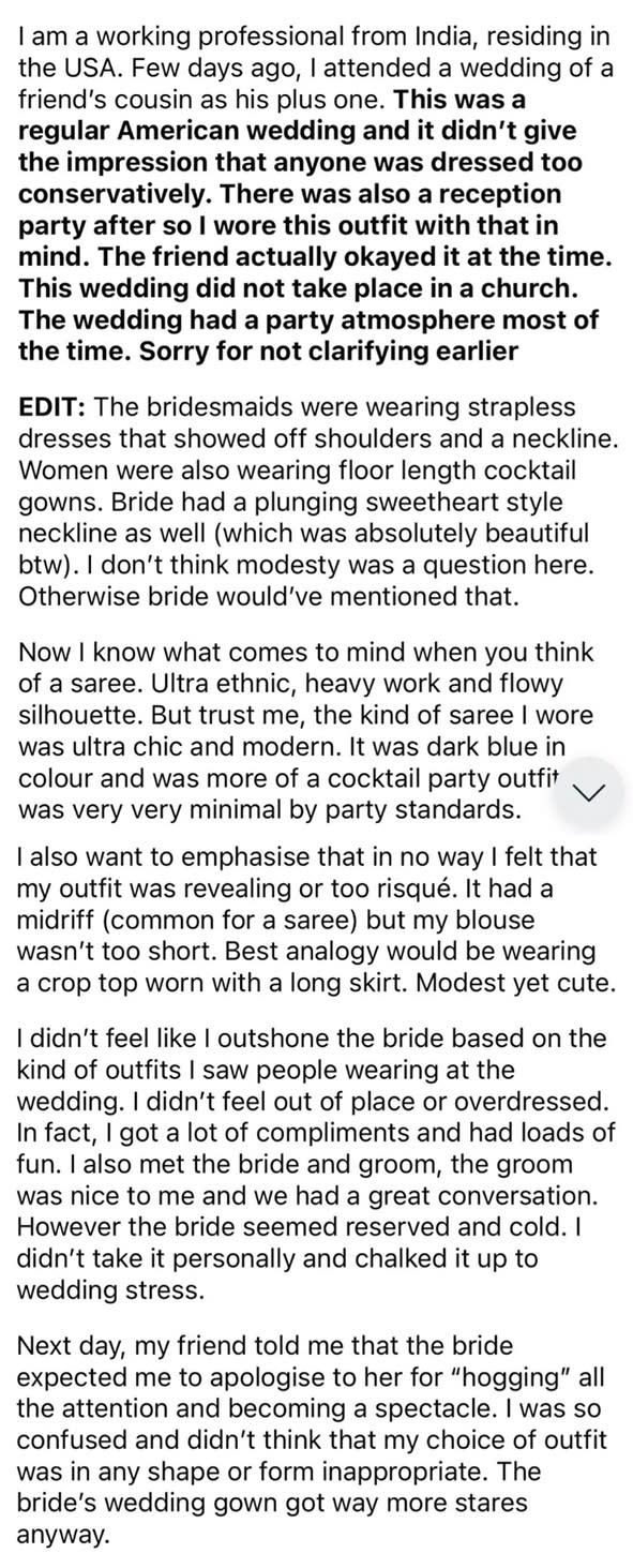 "my friend told me that the bride expected me to apologise to her for 'hogging' all the attention"