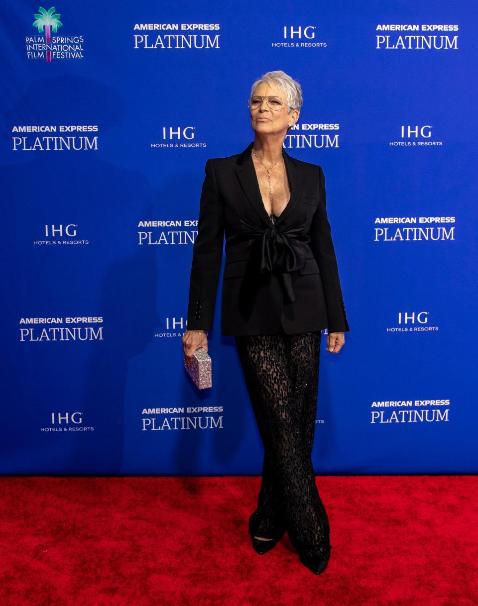 Actress Jamie Lee Curtis poses on the red carpet at the Palm Springs International Film Awards in Palm Springs, Calif., Thursday, Jan. 5, 2023. 