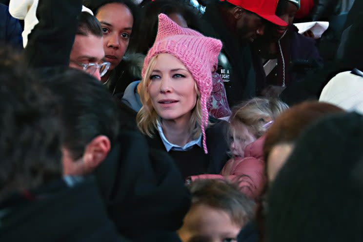 You can’t miss Cate Blanchett in a crowd when she’s wearing her pussyhat. (Photo: Getty Images)