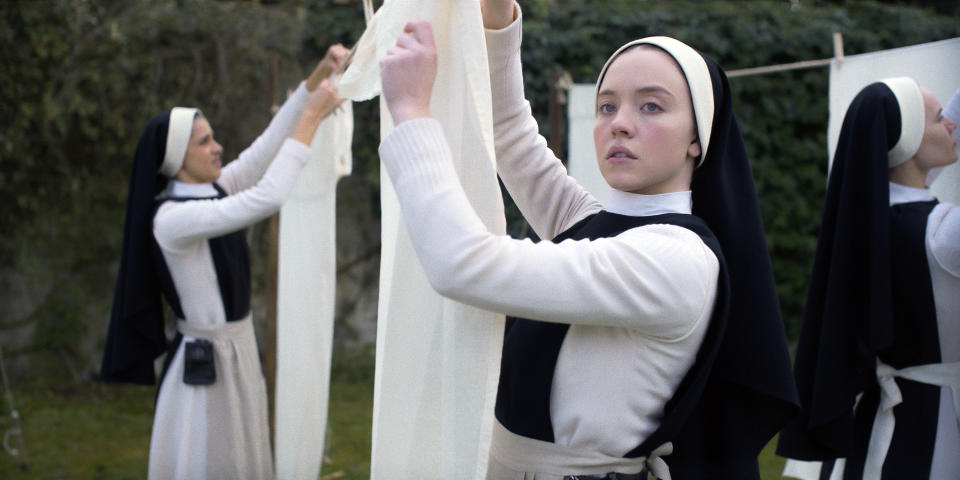 This image released by Neon shows Sydney Sweeney in a scene from the film "Immaculate." (Neon via AP)