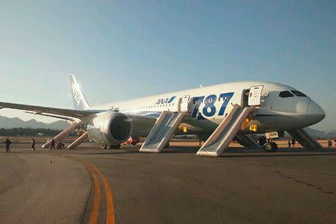 An ANA Boeing 787 Dreamliner after making an emergency landing at Takamatsu airport on January 16. The photo was taken with a mobile phone by an onboard passenger who declined to be named. Photos: Reuters