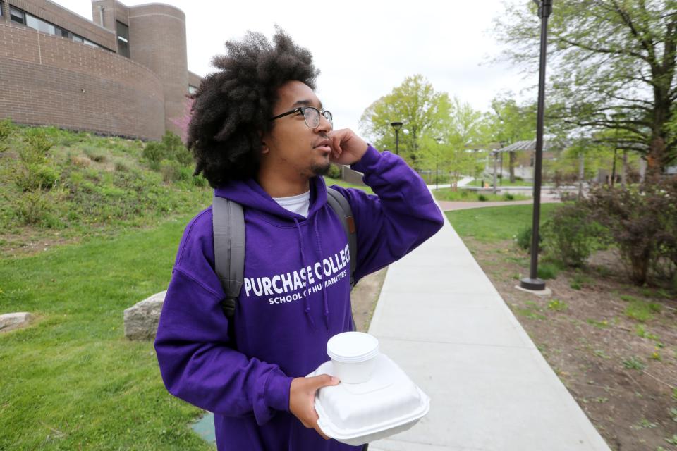 Junior John Delorenzo, 20, recounts when SUNY Purchase students were arrested after peaceful demonstrations at a pro-Palestinian encampment on the campus quad the night before, May 3, 2024 near the site.