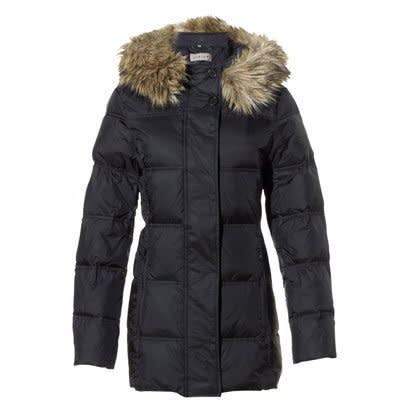 Black quilted coat with fur collar by Jigsaw