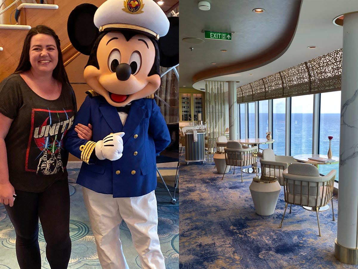 megan posing with mickey mouse on a disney cruise and the adults only bar on the disney wish