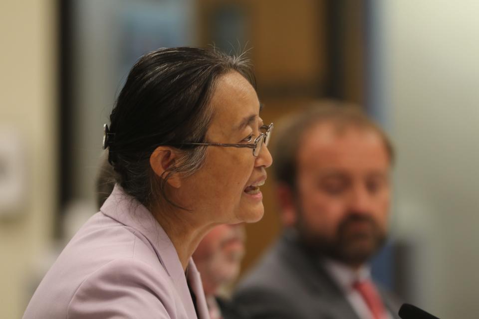 Pei Xu, research director at the New Mexico Produced Water Research Consortium speaks to lawmakers during a meeting of the Radioactive and Hazardous Materials Committee, Oct. 10. 2023 at Southeast New Mexico College.