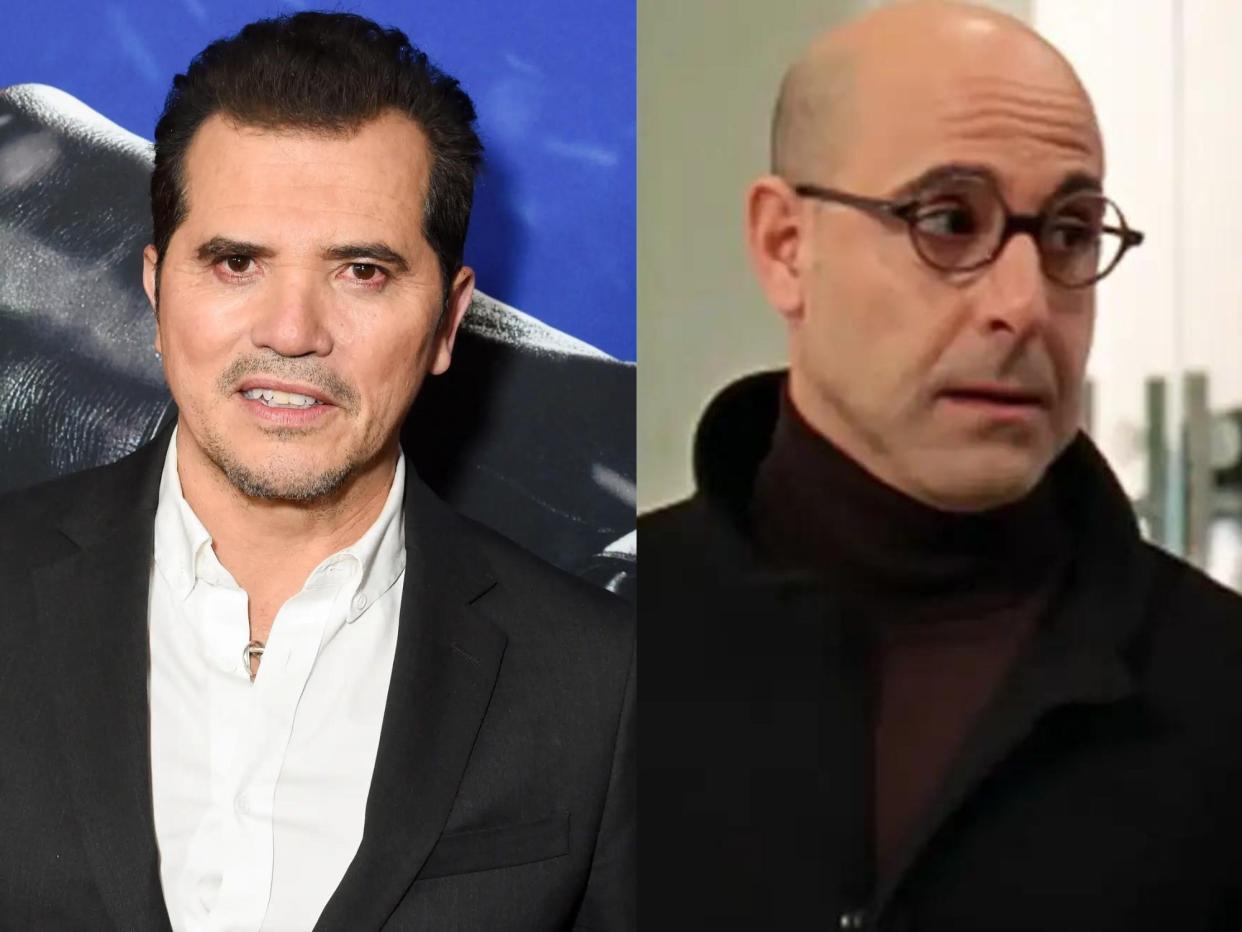 left: john leguizamo smiling on a red carpet, wearing a white shirt unbuttoned at the collar and a black suit jacket; right: stanley tucci in the devil wears prada, with round glasses, a shaved head, and a turtleneck and coat