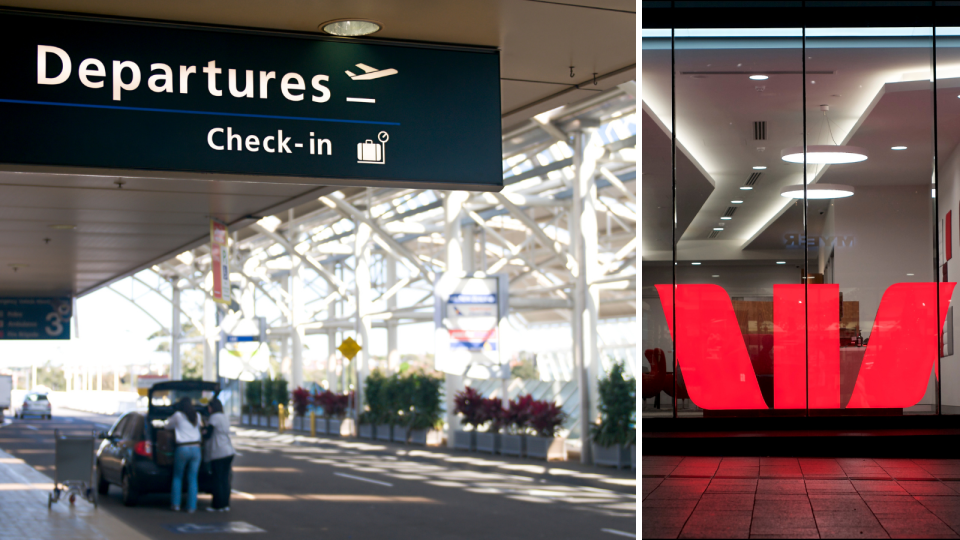 The departures lounge at Sydney airport and the Westpac logo.