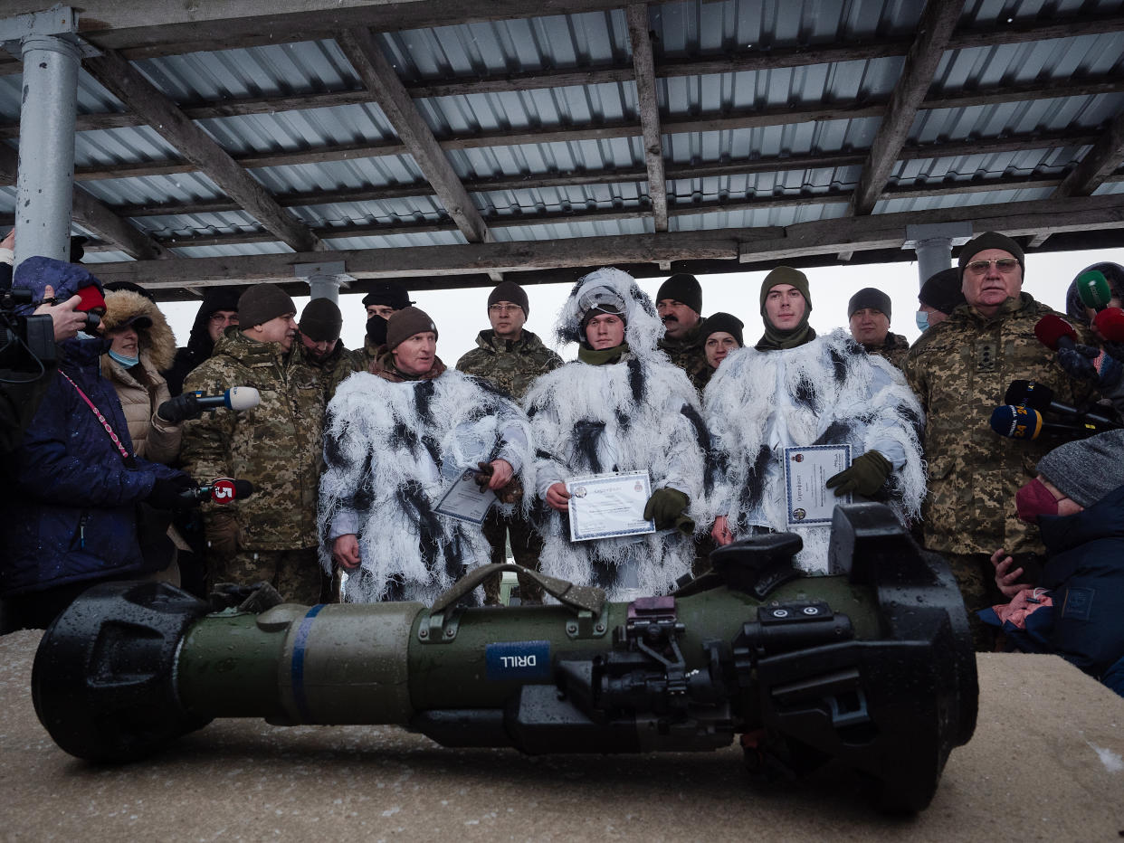 An antitank missile system used by Ukrainian soldiers