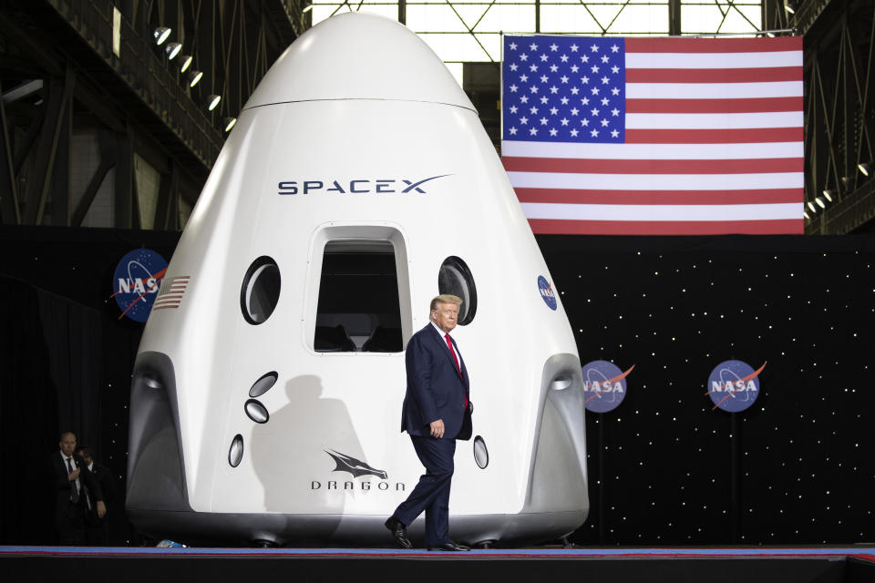 President Donald Trump arrives to speak after viewing the SpaceX flight to the International Space Station, at Kennedy Space Center, Saturday, May 30, 2020, in Cape Canaveral, Fla. (AP Photo/Alex Brandon)