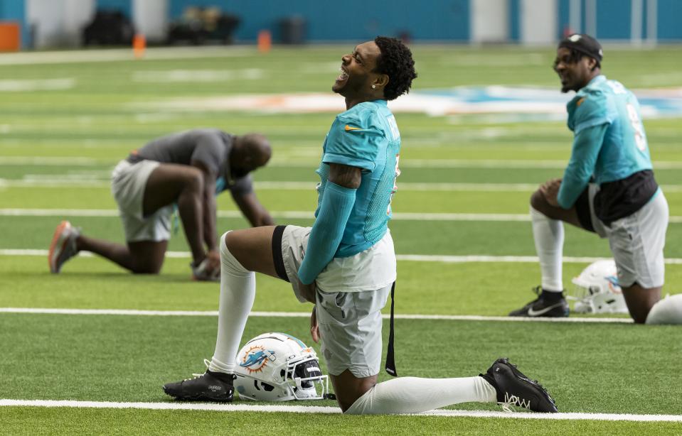 Miami Dolphins cornerback Jalen Ramsey (5) reacts during NFL football practice at the Baptist Health Training Complex in Miami Gardens, Fla., Wednesday, Oct. 18, 2023 (Matias J. Ocner/Miami Herald via AP)