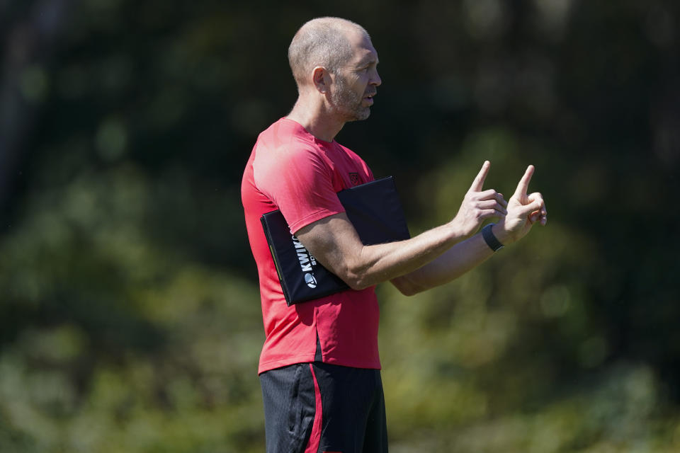 United States head coach Gregg Berhalter gives instructions during a soccer training session Tuesday, Oct. 10, 2023, in Brentwood, Tenn. (AP Photo/George Walker IV)