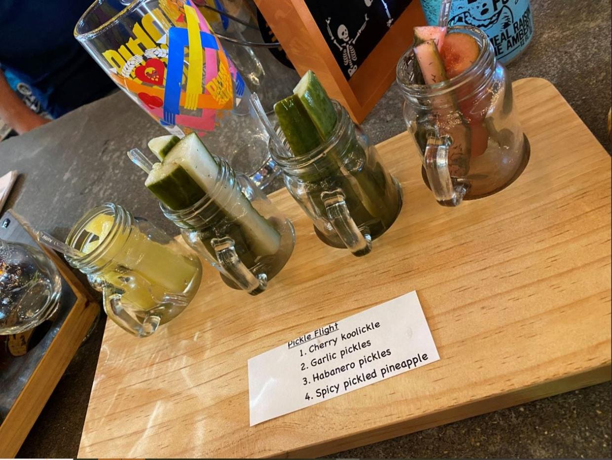 A pickle flight from the Rock 'n' Rolls food window at Swine City. Photo shows pickled pineapples on the left, which have since been replaced with horseradish pickles.