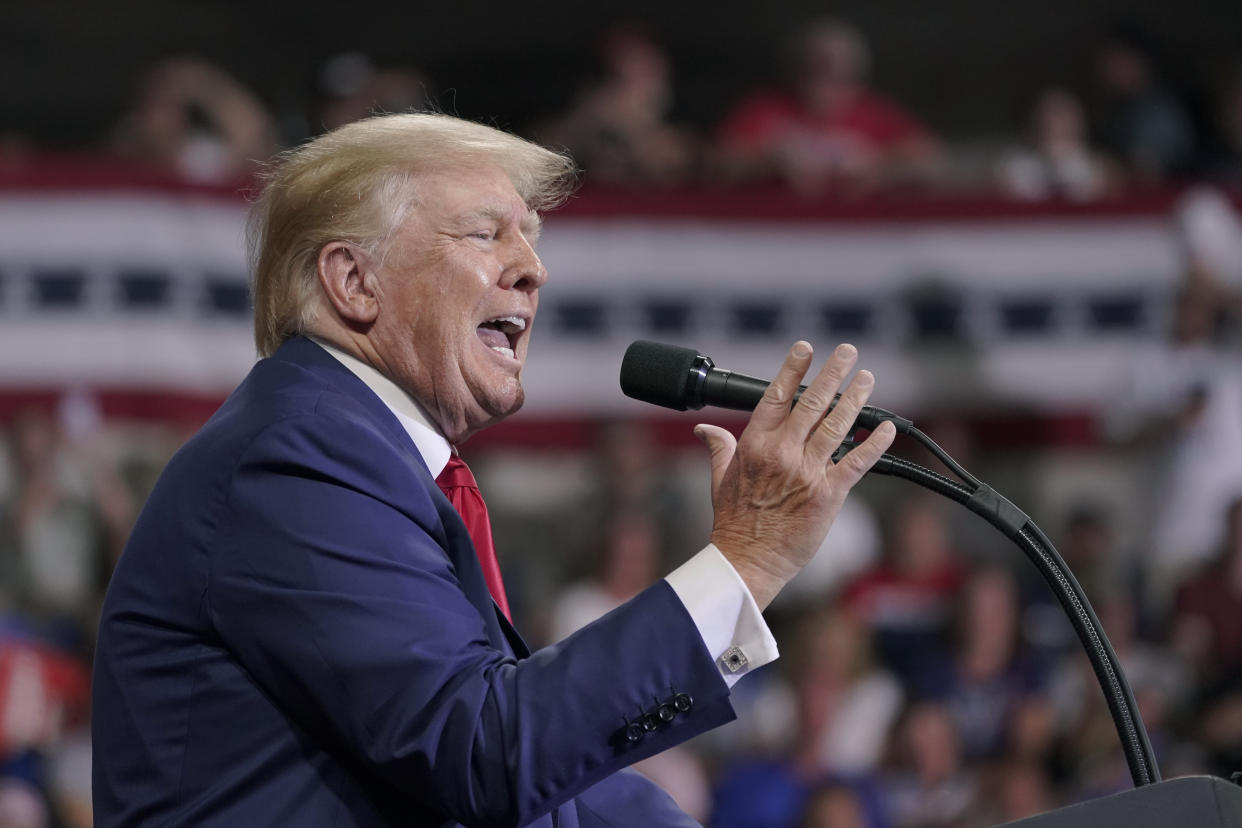 Former President Donald Trump speaks at a rally in Wilkes-Barre, Pa., on Sept. 3. (AP Photo/Mary Altaffer)