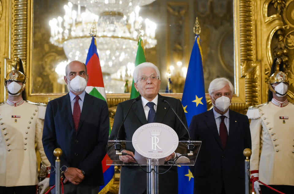 Italian President Sergio Mattarella, center, announces he has dissolved the Italian parliament Thursday, July 21, 2022, after Premier Mario Draghi had confirmed his resignation earlier in the morning. (AP Photo/Gregorio Borgia)