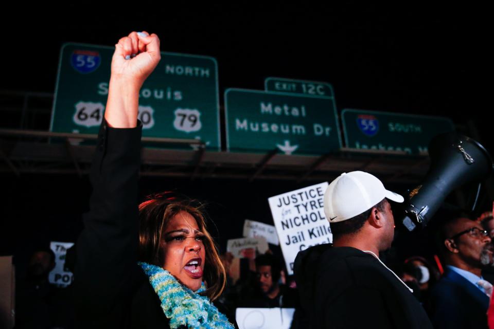 Demonstrators block traffic on I-55 near the Memphis-Arkansas Bridge as they protest the killing of Tyre Nichols on Friday, Jan. 27, 2023, in Memphis, Tenn.