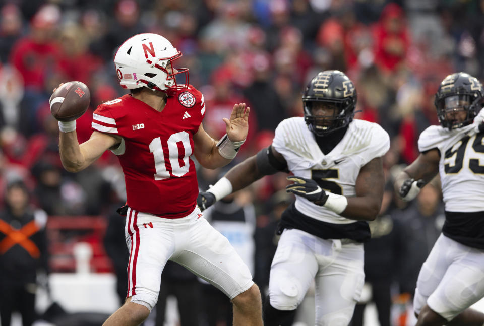 Nebraska quarterback Heinrich Haarberg (10) looks to pass the ball against Purdue during the second half of an NCAA college football game Saturday, Oct. 28, 2023, in Lincoln, Neb. (AP Photo/Rebecca S. Gratz)