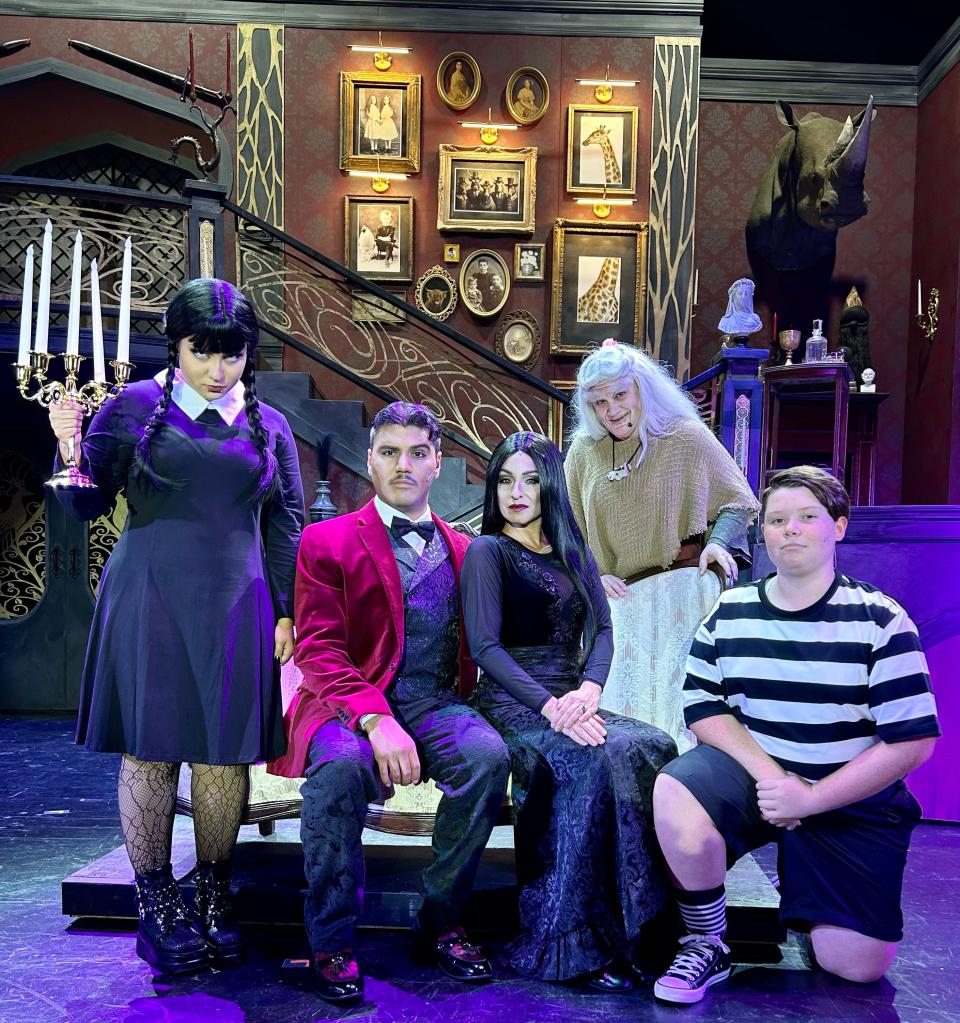 Julyette Vargas plays "Wednesday," Jared Sierra plays "Gomez," Mahalia Gronigan plays "Morticia," Cindy Barnum plays "Grandma" and Liam Welton plays "Pugsley" in the musical "The Addams Family," on stage at the Henegar Center through Oct. 22, 2023. Visit henegarcenter.com.