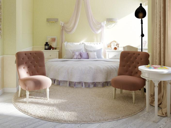 Bedroom with light green walls, brown chairs, a circular-shaped white bed, a circular end table, and a circular rug