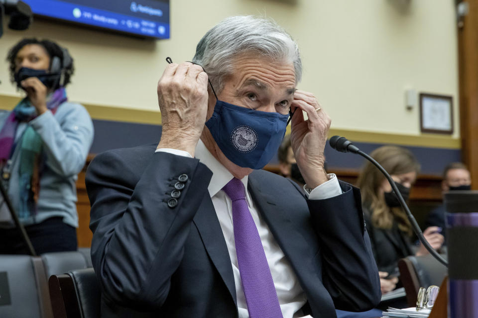 Federal Reserve Chairman Jerome Powell prepares to speak to lawmakers during a House Committee on Financial Services hearing on Capitol Hill in Washington, Wednesday, Dec. 1, 2021. (AP Photo/Amanda Andrade-Rhoades)