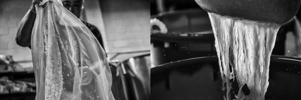 Left, Jin cleans each grain of rice from a netted cloth. Right, a batch of rice is scrubbed and drained in a 5-gallon bucket.