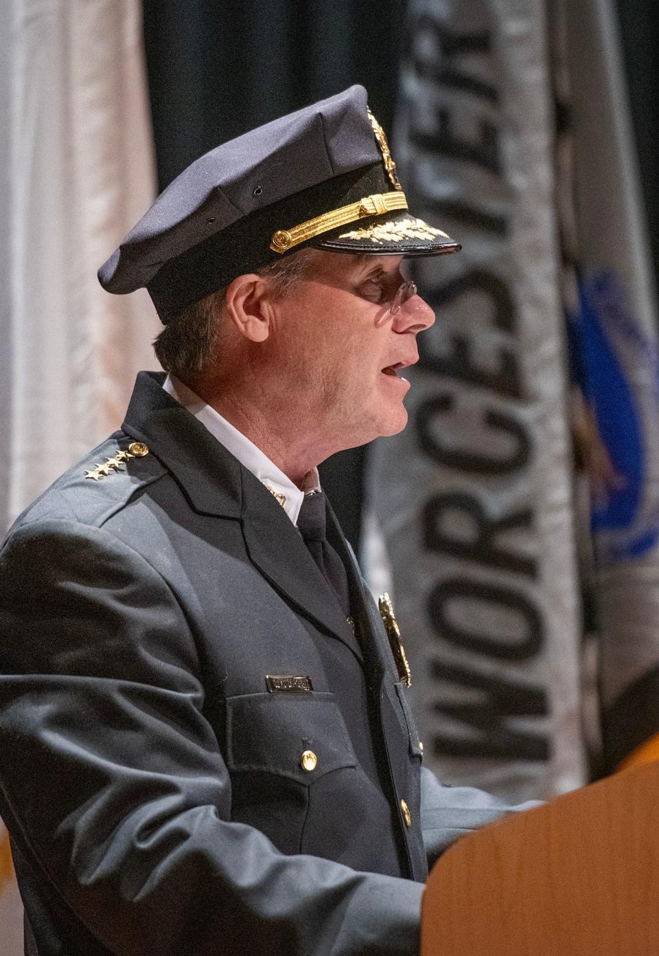 Worcester Police Chief Steven M. Sargent speaks during the police academy graduation ceremony at Worcester Technical High School March 10.