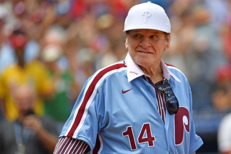 Pete Rose acknowledges the crowd during an Alumni Day ceremony before the Phillies game against the Washington Nationals at Citizens Bank Park.