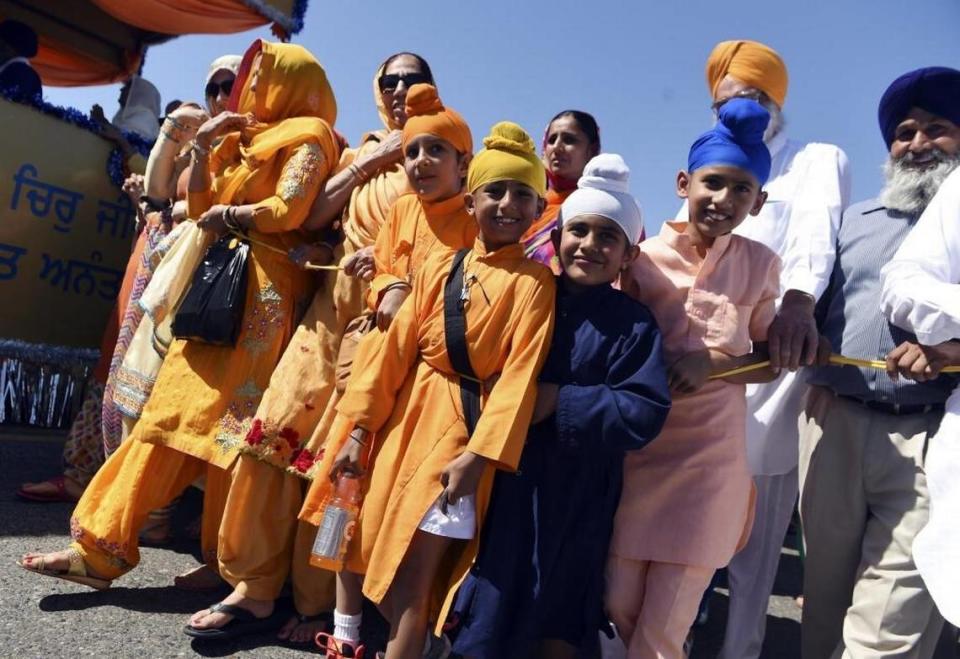 Marchers during a Sikh Day Nagar Kirtan Parade for Vaisakhi celebration in Selma. Thousands turned out for the event.