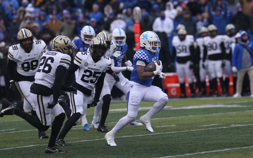 In this file photo from  Nov. 12, 2022, Kentucky’s JuTahn McClain gets a first down against Vanderbilt. McClain departed UK as a grad transfer.