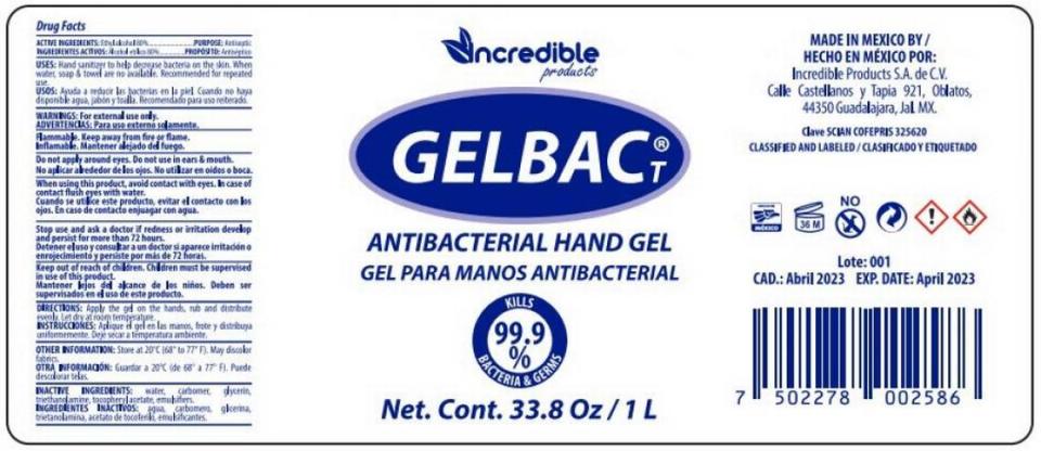 A label from Gelbac T hand sanitizer