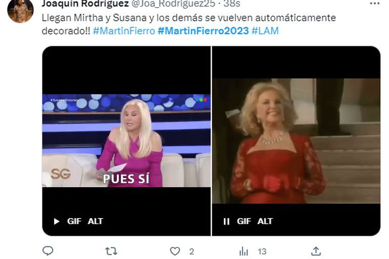 Meme sobre Susana Giménez y Mirtha Legrand en los Martín Fierro 2023