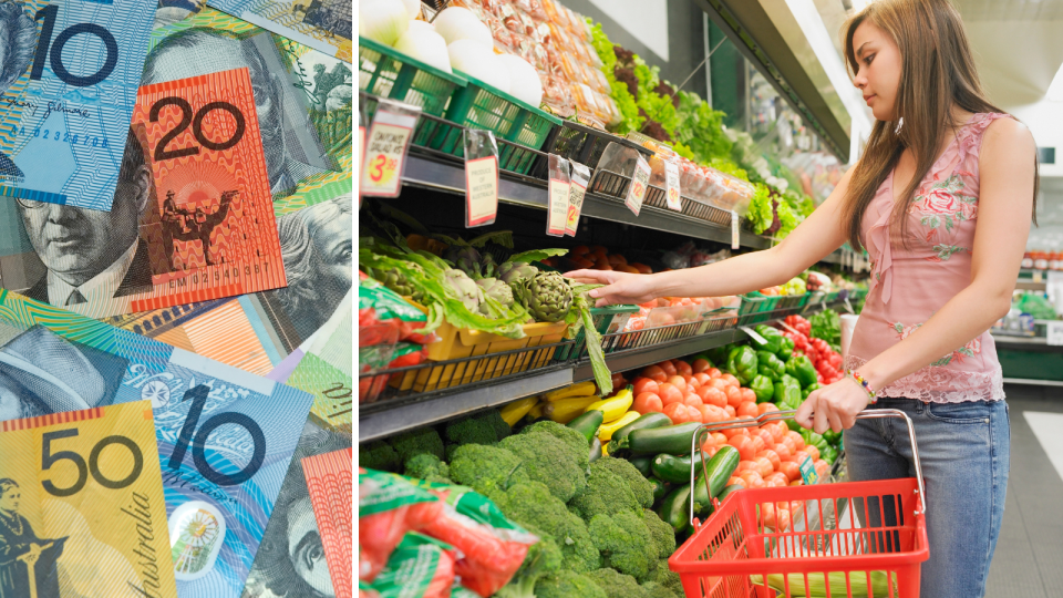 Composite image of money, and a female consumer shopping for groceries.