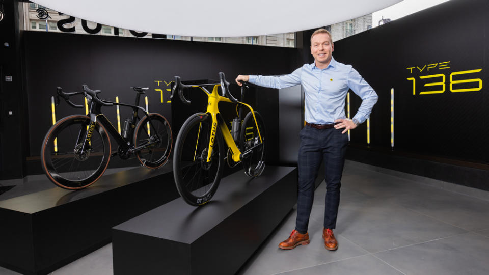 Sir Chris Hoy, six-time Olympic gold medalist and eleven-time world champion, helps debut the Lotus 136 e-bike in London.