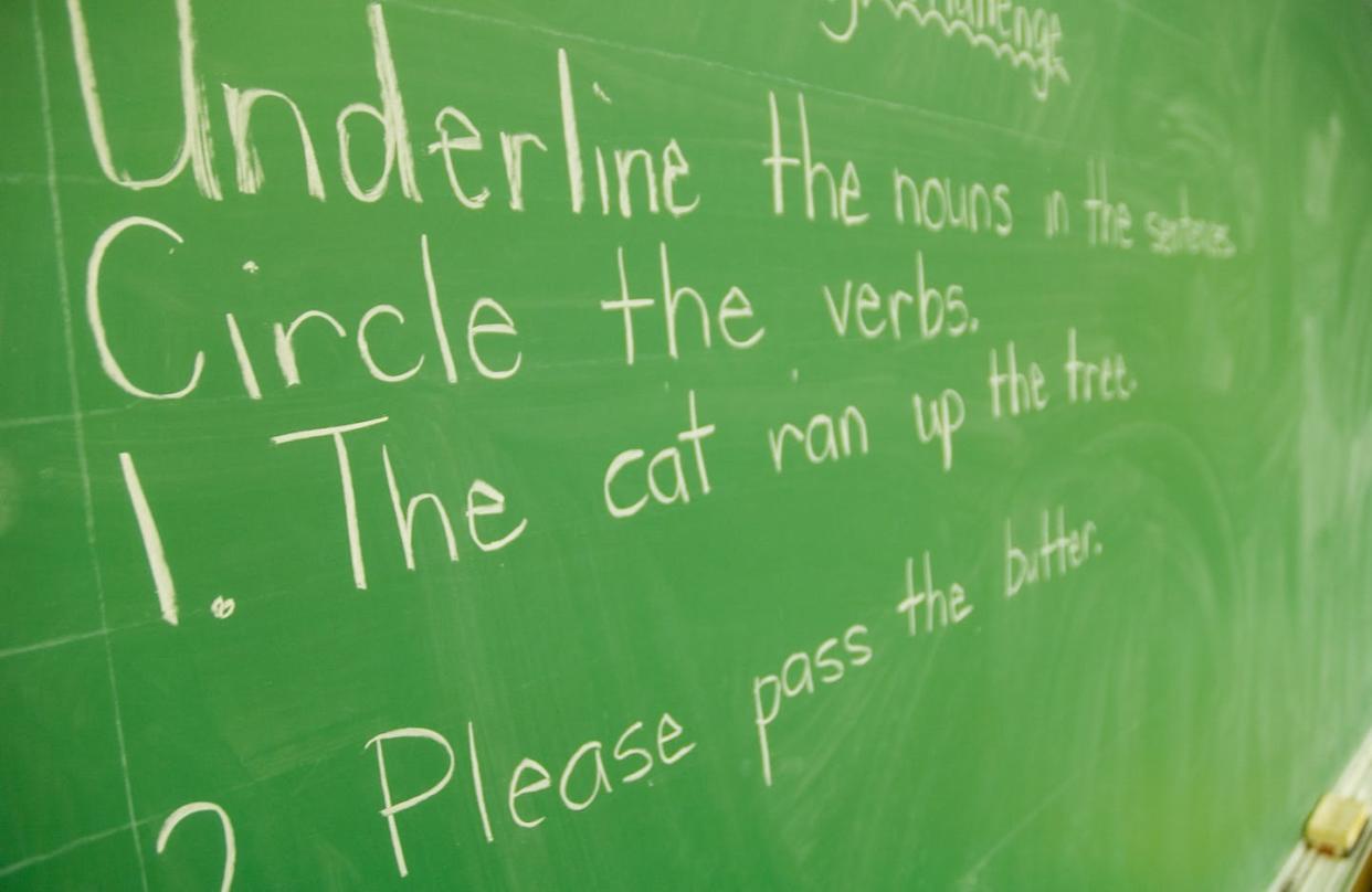 <span class="caption">Children begin to learn grammar well before they start school, when they craft their first short sentences.</span> <span class="attribution"><a class="link " href="https://www.gettyimages.com/detail/photo/school-chalkboard-2-royalty-free-image/182149461?adppopup=true" rel="nofollow noopener" target="_blank" data-ylk="slk:RonTech2000/iStock via Getty Images Plus;elm:context_link;itc:0;sec:content-canvas"> RonTech2000/iStock via Getty Images Plus</a></span>