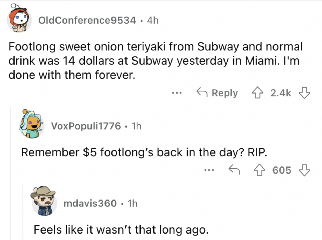 Reddit screenshot about how $5 footlongs used to be much cheaper