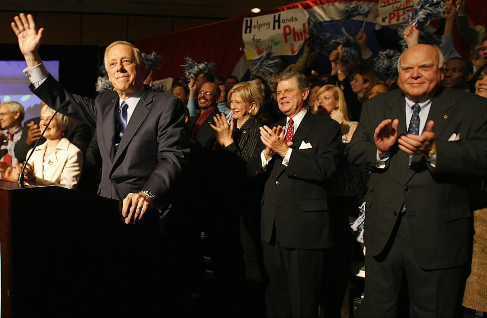 Bredesen, left, waves to supporters as he declares victory over Republican candidate Jim Bryson as former Gov. Ned McWherter, right, and former Sen. Jim Sasser, second from right, look on at Loews Vanderbilt Hotel in Nashville on Nov. 7, 2006. (Photo: John Russell/AP)