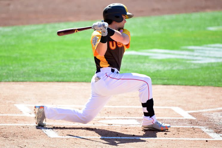 SAN DIEGO, CA - JULY 10: Andrew Benintendi of the Boston Red Sox and the U.S. Team at bat during the SiriusXM All-Star Futures Game at PETCO Park on July 10, 2016 in San Diego, California. (Photo by Harry How/Getty Images)