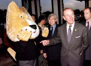 <p>The Duke Of Edinburgh meets Kit the cat, the mascot for Manchester’s 2002 hosting of the Commonwealth Games at the current Games in Kuala Lumpur today on the opening day of the Queen’s four day State visit to Malaysia. (Photo credit: Arthur Edwards/PA Archive/PA Images) </p>