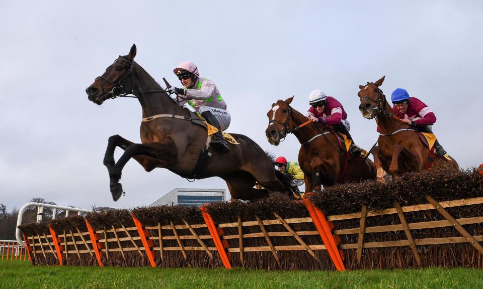 Sharjah, ridden by Patrick Mullins, jumps the last ahead of Samcro (Jack Kennedy, white cap) who fades into fifth.