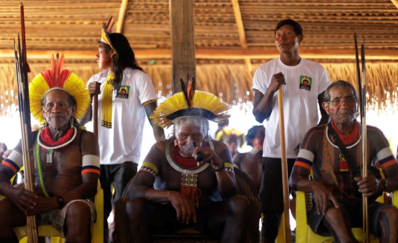 Indigenous leader Cacique Raoni of Kayapo tribe, attends a four-day pow wow in Piaracu village, in Xingu Indigenous Park, near Sao Jose do Xingu, Mato Grosso state