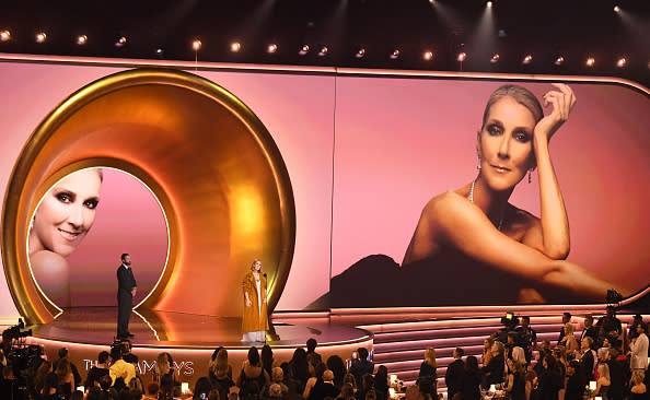 Canadian singer Celine Dion presents the Album Of The Year award on stage during the 66th Annual Grammy Awards at the Crypto.com Arena in Los Angeles on February 4, 2024. (Photo by VALERIE MACON / AFP) (Photo by VALERIE MACON/AFP via Getty Images)