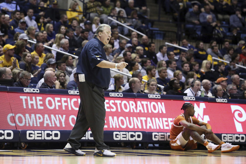 West Virginia coach Bob Huggins reacts to a call during the first half of an NCAA college basketball game against Texas Monday, Jan. 20, 2020, in Morgantown, W.Va. (AP Photo/Kathleen Batten)