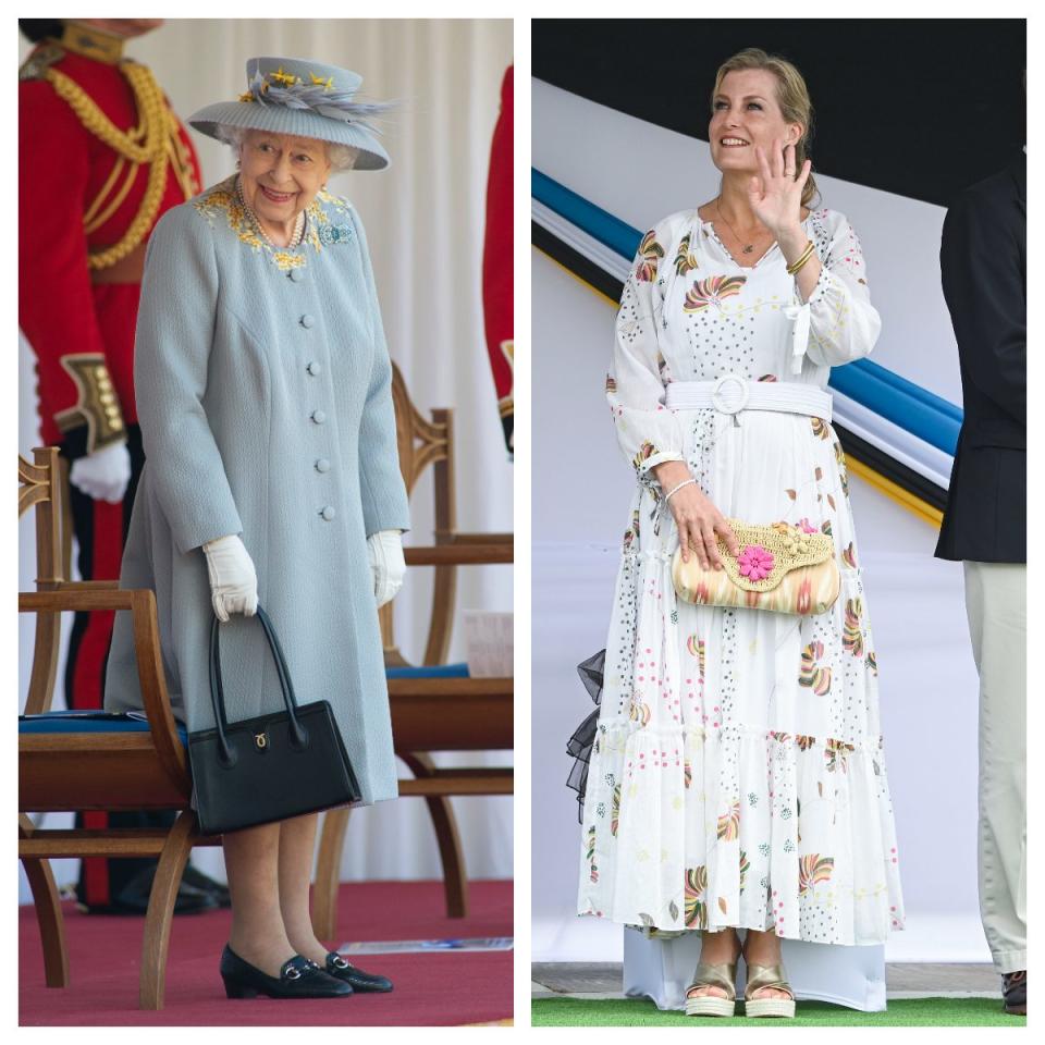 The Queen pictured with one of her beloved Launer handbags; the Countess of Wessex with a Sophie Habsburg clutch - Getty