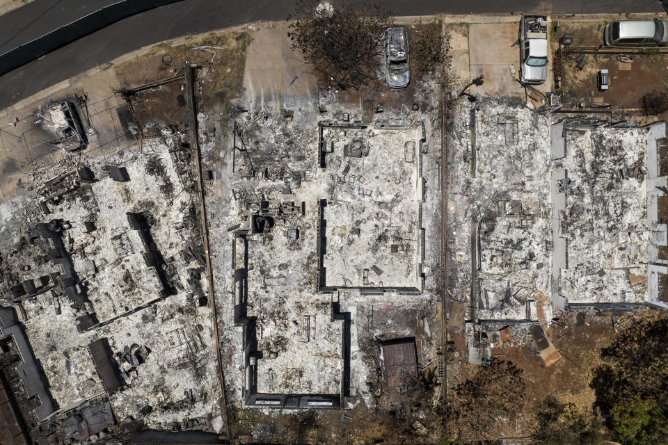 A general view shows the aftermath of a devastating wildfire in Lahaina, Hawaii, Tuesday, Aug. 22, 2023. Two weeks after the deadliest U.S. wildfire in more than a century swept through the Maui community of Lahaina, authorities say anywhere between 500 and 1,000 people remain unaccounted for. (AP Photo/Jae C. Hong)