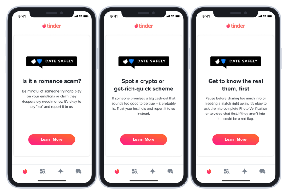 Tinder’s scam alerts include a message advising users to report anyone who claims to be a “crypto expert