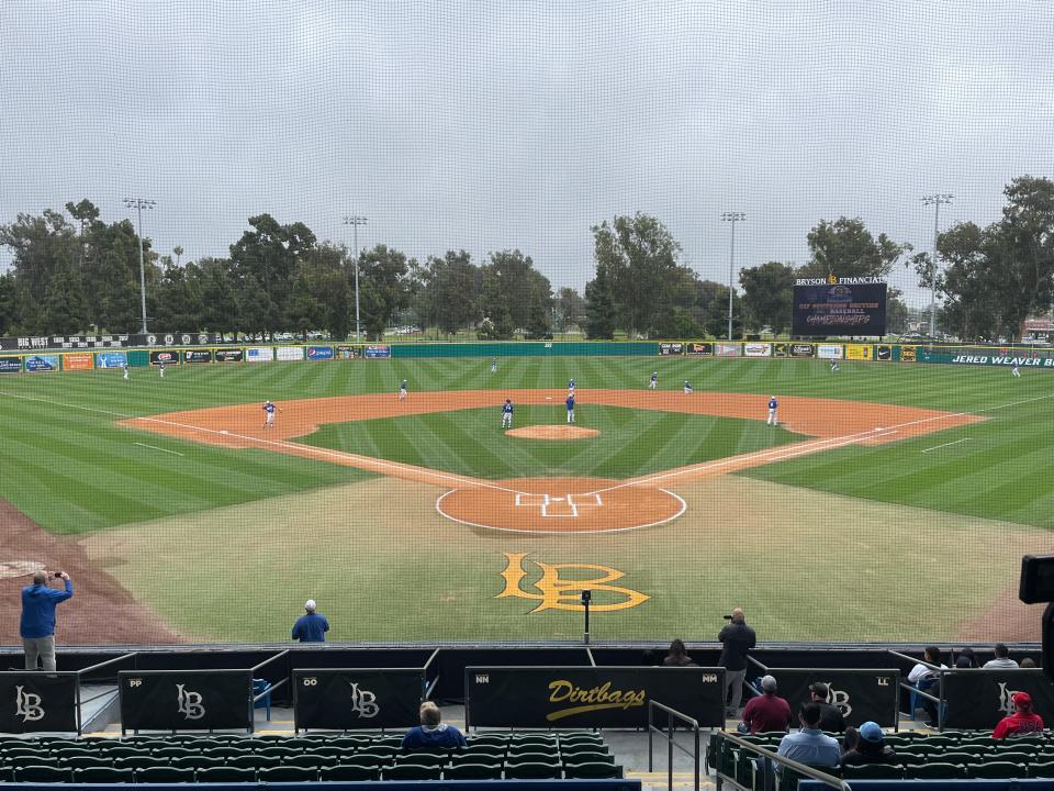 Fillmore High baseball takes infield/outfield practice before the CIF-Southern Section Division 7 baseball final Friday afternoon at Blair Field in Long Beach