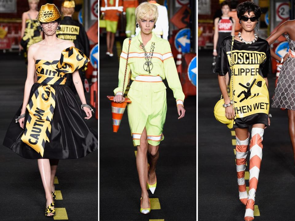 Models walk the runway during Moschino's Spring/Summer 2016 show.